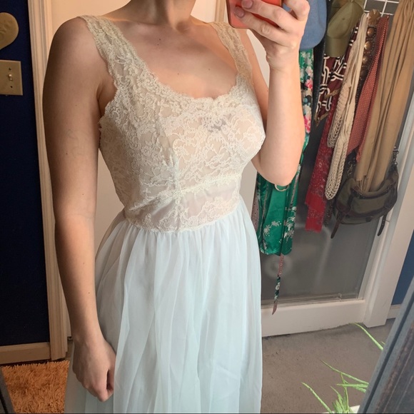 Vintage 60s Ice blue skirt lace bodice slip dress - Picture 11 of 13
